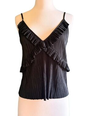 Zara Black Pleated Plisse V-Neck Ruffle Cami Top Spaghetti Straps Size Small